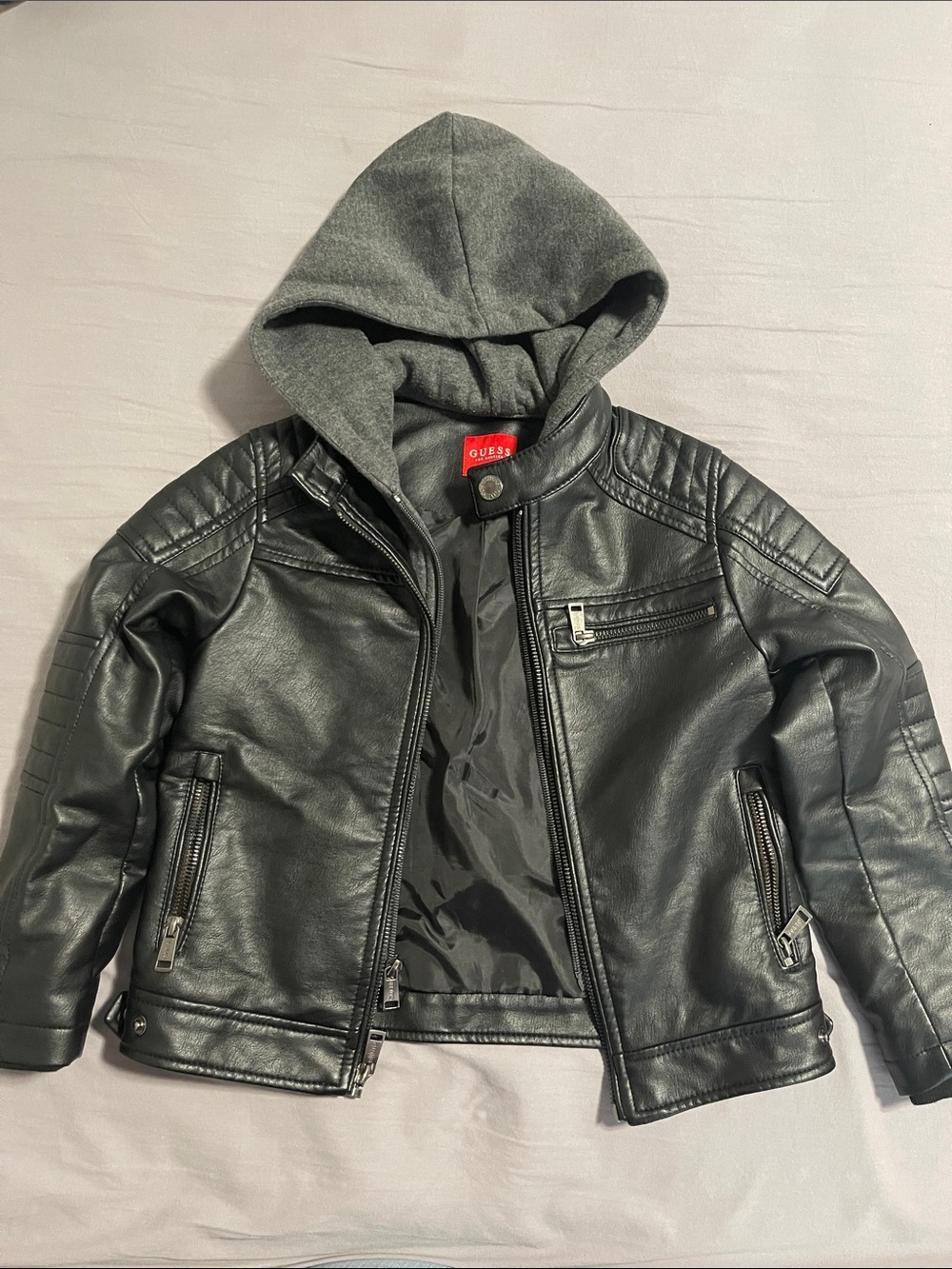 Guess Boys' Black Faux Leather Jacket with Gray Hood